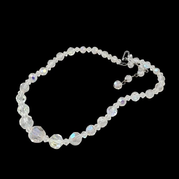 AB Beaded Graduated Necklace Silver Tone Hook Crystal Accent Vintage 15" Japan - Picture 4 of 7